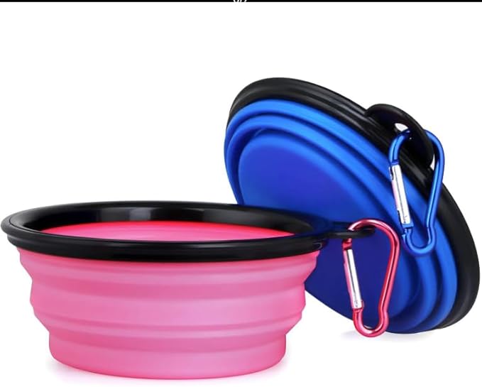 Collapsible Pet Bowl Set, Portable Silicone Travel Food Water Bowls with Carabiner Clip, Multi-Color, Space-Saving Design for Dogs Cats (Pink & Black)