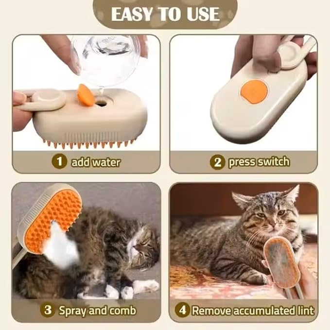 3-in-1 Steam Pet Brush for Cats & Dogs โ Self-Cleaning Grooming Comb with Spray Mist, Massage & Shedding, Rechargeable USB, Anti-Static, Foldable Handle (TAN)