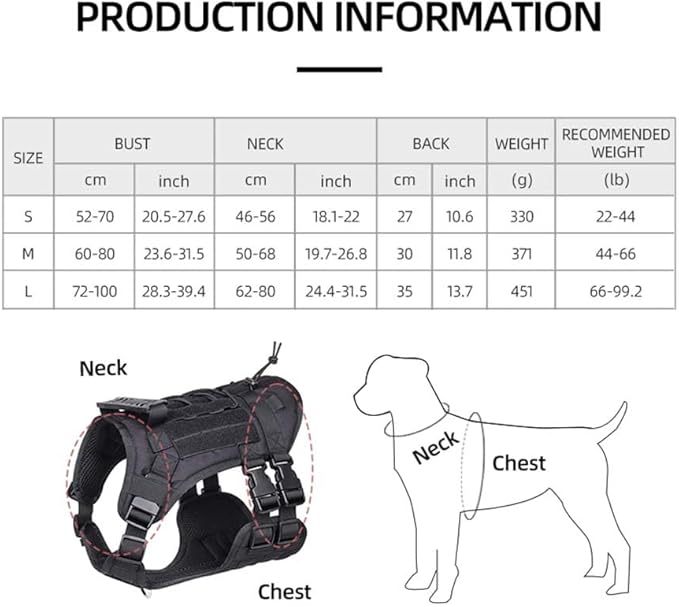 Tactical Harness for Large Dogs, Heavy Duty No Pull Dog Harness with Handle, Adjustable Size with Leash Clips, Suitable for Training, Walking, Hiking (Black,L)