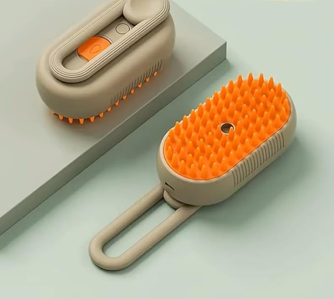 3-in-1 Steam Pet Brush for Cats & Dogs โ Self-Cleaning Grooming Comb with Spray Mist, Massage & Shedding, Rechargeable USB, Anti-Static, Foldable Handle (TAN)
