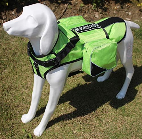 Service Dog Harness, Saddle Bag Backpack Carrier Outdoor Travel Hiking Camping Harness, Removable Saddle Bags and Patches (Green, S Girth 16-20")
