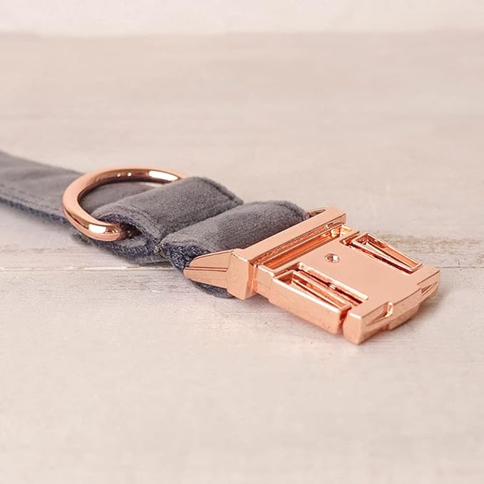 PETDURO Custom Dog Collar Personalized with Name Engraved Quick Release Rose Gold Metal Buckle for Large Medium Small Girl Dogs - Dog Leash and Bow Tie Available - Soft Comfy Velvet (Grey, S)
