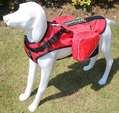 Service Dog Harness, Saddle Bag Backpack Carrier Outdoor Travel Hiking Camping Harness, Removable Saddle Bags and Patches (Red, S Girth 16-20")