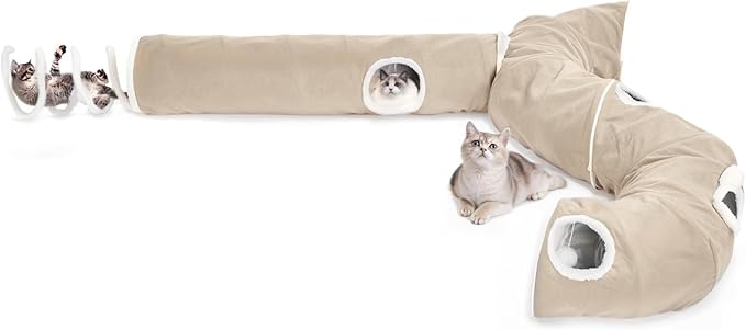 Ownpets 2-in-1 Cat Tunnel, Large Lollipop Shape Cat Tunnel Toy with Fluffy Balls, Spiral Toy, Plush Collapsible Cat Cave Hideout Donut Tunnel for Multi Kitten Puppy Rabbit, Beige