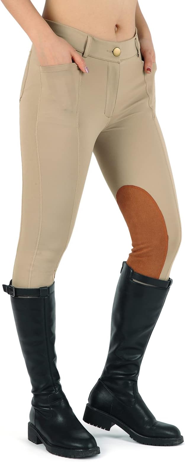 beroy Kids Horse Riding Knee-Patches Pants Girls Equestrian Front-Zip Breeches Legging with Pockets
