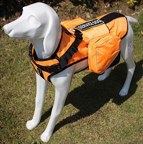 Service Dog Harness, Saddle Bag Backpack Carrier Outdoor Travel Hiking Camping Harness, Removable Saddle Bags and Patches (Orange, S Girth 16-20")