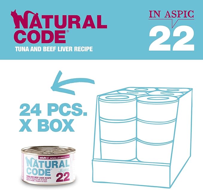 Natural Code Limited Ingredient Wet Cat Food Topper, High Protein, Low Fat, Additive-Free, Non-GMO, No Artificial Colors or Flavors, Tuna and Beef Liver in Aspic for Adult Cats, 24 Pack of 3oz Cans