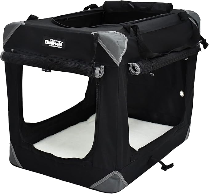 EliteField 4-Door Folding Soft Dog Crate with Curtains, Carrying Bag and Fleece Bed (2 Year Warranty), Indoor & Outdoor Pet Home (24" L x 18" W x 21" H, Black+4 Door Curtains)