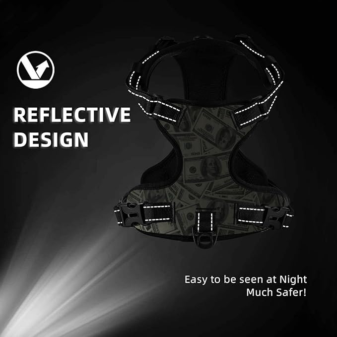 No Pull Dog Harness for X-Large Dogs Easy Walk Dog Vest Adjustable Collars Harnesses & Leashes Set Breathable Oxford Outdoor Walking Safety Reflective Strip Dollar Cash Prints