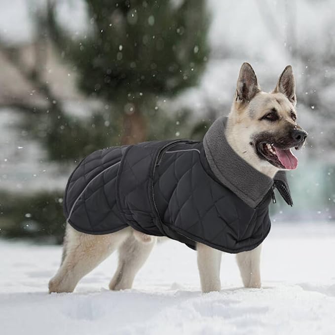 Kuoser Extra Warm Dog Coat, Windproof Cold Weather Dog Jackets for Large Dogs, Thick Fleece Lining Pet Turtleneck Snowsuit Reflective Adjustable Puppy Winter Coat Doggie Snow Jacket Grey, XL