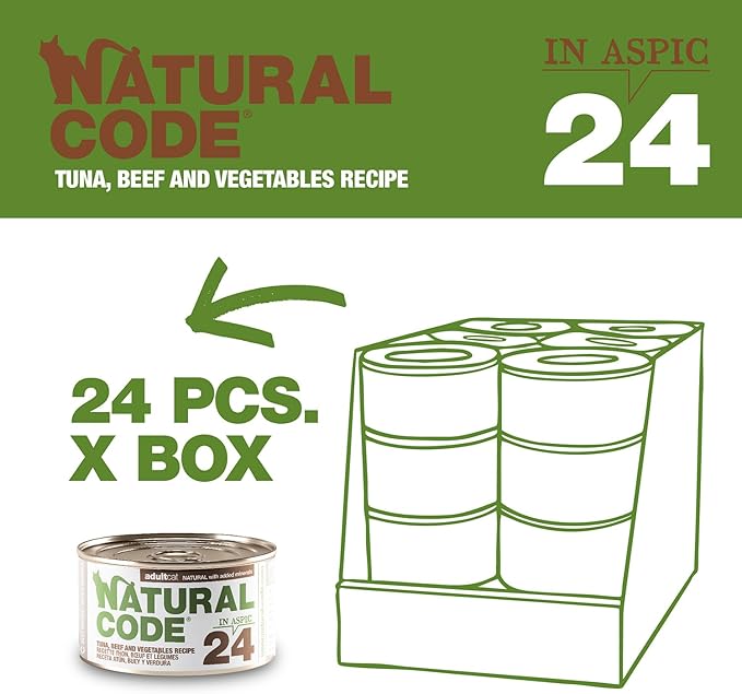 Natural Code Limited Ingredient Wet Cat Food Topper, High Protein, Low Fat, Additive-Free, Non-GMO, No Artificial Colors or Flavors, Tuna, Beef & Vegetables in Aspic for Adult Cats 24 Pack of 3oz Cans