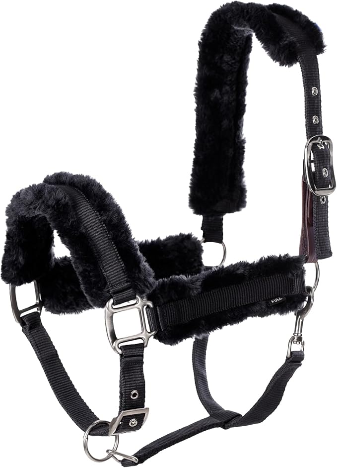Equinavia Valkyrie Ultra Fleece Breakaway Horse Halter | Padded Fleece Adjustable Safety Halter with Nylon Webbing - Black/Black - Cob