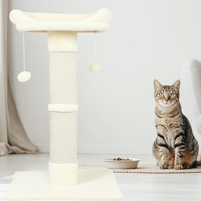 34" Cat Scratching Post for Indoor Cats, Sisal Cat Scratcher with Plush Perch and with Two Dangling Balls, Large Scratch Post with Bed, Removable Cover, Sisal Fabric