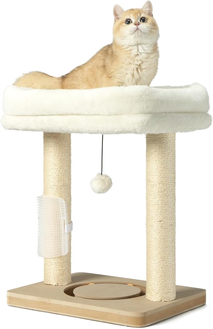 Small Cat Tree Tower Scratching Post with Perch Bed for Indoor Cats and Kittens,Track Ball Hanging Ball Toy Self-Massage Brush Beige