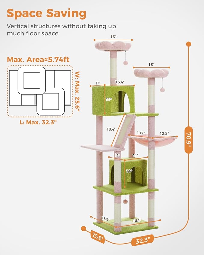 Flower Cat Tree, 70.9-inch Tall Cat Tower in Blossom Pink with 2 Condos & Large Hammock, Whimsical Cat Activity Center with Pom Poms for Indoor Cats