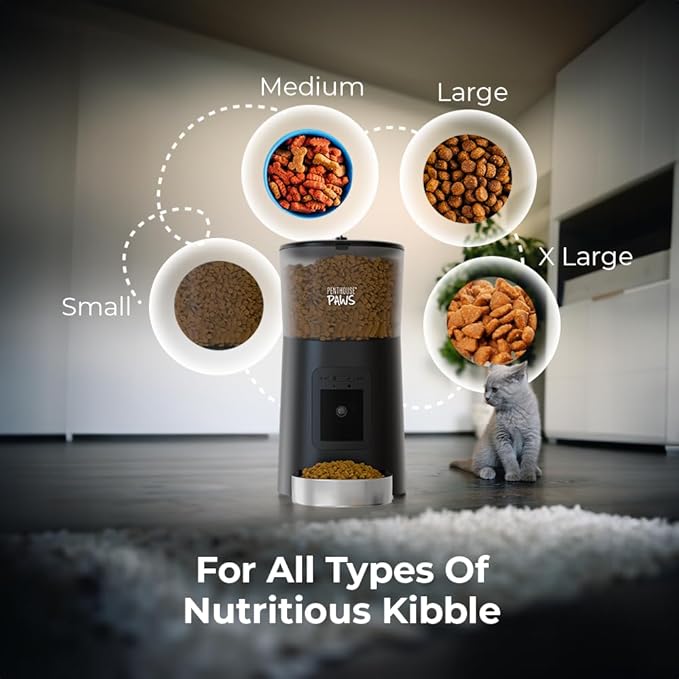Smart HD Automatic Cat Feeder with 1080P Camera & Night Vision, 2-Way Audio, WiFi App Control, Anti-Jam 6L Pet Feeder with Battery Backup, Schedules Up to 15 Meals for Cat & Dog Black Stainless Steel