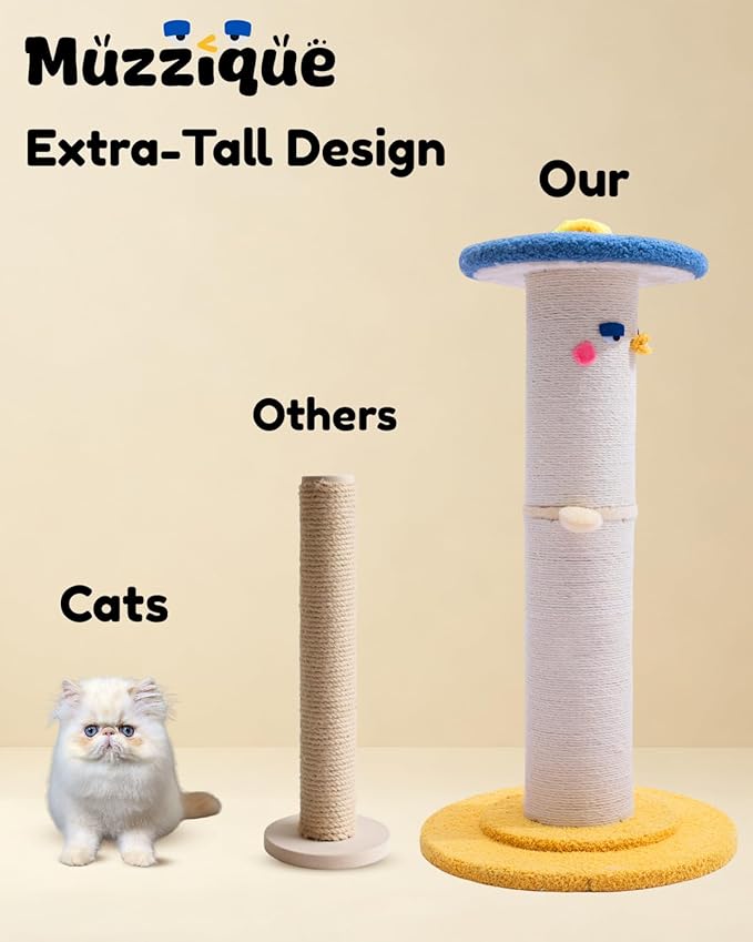 Cat Scratching Post, 31 in Tall Thicker Scratch Post w/Perch, Full Strectch for Indoor Cats, Adult/Kitten/Kitty Scratcher Sisal Rope, Large Play Toy Stand, Cute Adjustable Heights Furniture Protector