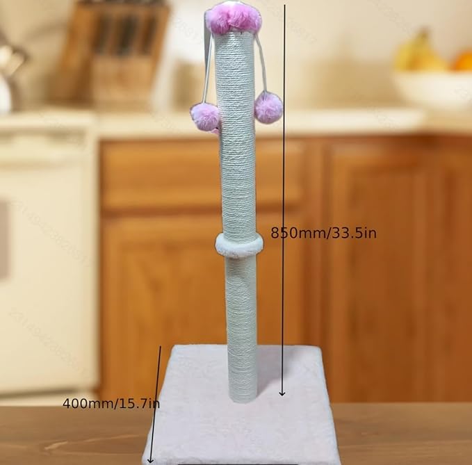 Sisal Cat Scratching Post, Tall Climbing Pole with Pom Poms, Pink and Gray