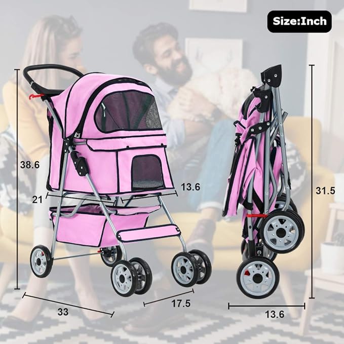 BestPet 4 Wheels Pet Stroller Cat Dog Cage Stroller Travel Folding Carrier 04T
