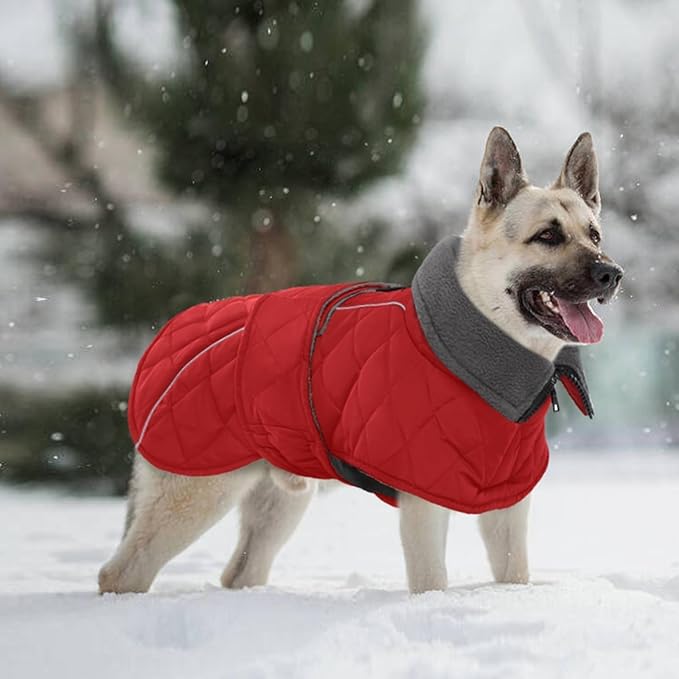 Kuoser Dog Coat, Super-Warm Dog Jacket Windproof Pet Cold Weather Coats for Extra Large Dogs, Fleece Lining Quilted Turtleneck Puppy Snowsuit Reflective Adjustable Doggie Winter Clothes, Red, 2XL