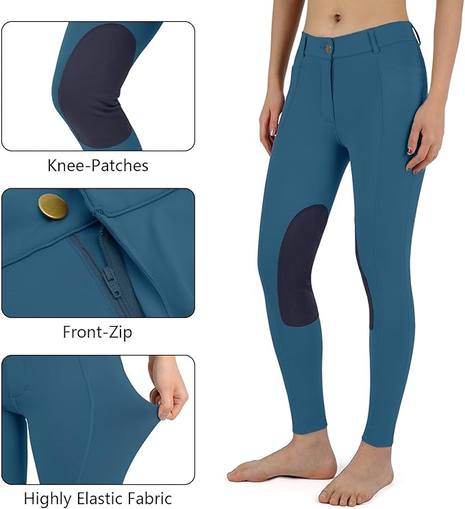 beroy Kids Horse Riding Knee-Patches Pants Girls Equestrian Front-Zip Breeches Legging with Pockets