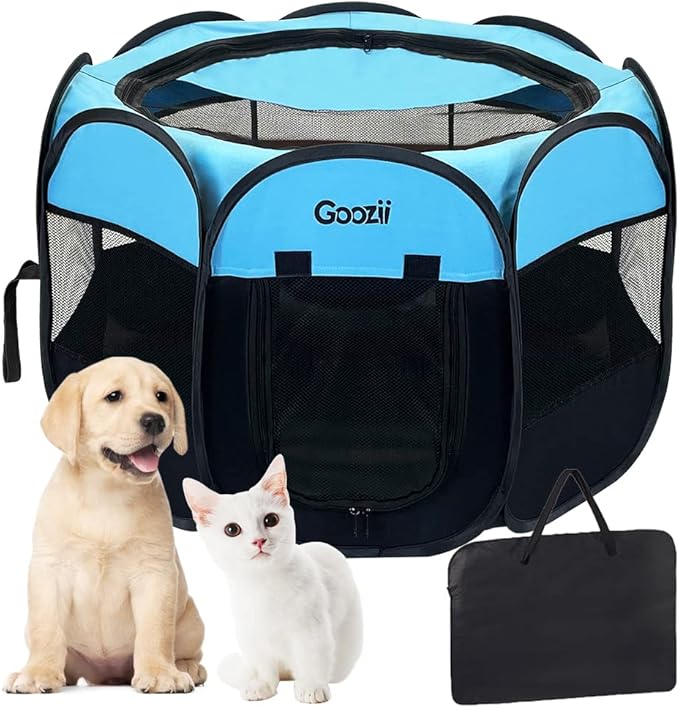 Dog Playpen Portable Collapsible, Indoor Outdoor Pet Puppy Exercise Playpens Case with Zipper Door Top Cover Floor for Large Cat Rabbit Travel Camping (Small Size, Black/Blue)
