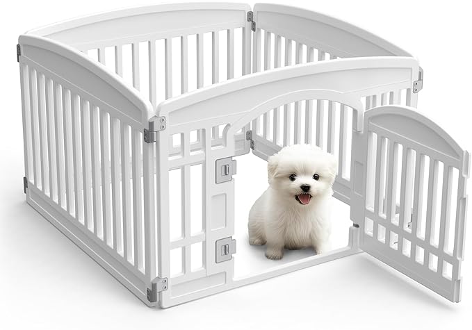 Dog Playpen 4-Panel 24" | Safe & Secure Indoor/Outdoor Pet Fence | Folding & Portable | 35 x 35 x 24IN, Ideal for Small to Medium Dogs | Easy to Clean (White)