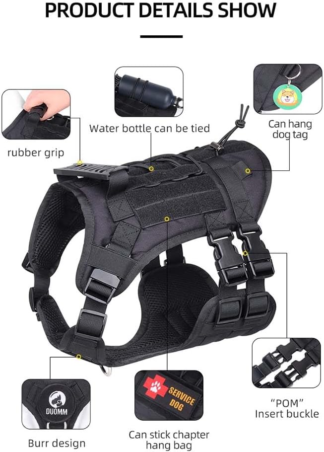 Tactical Harness for Large Dogs, Heavy Duty No Pull Dog Harness with Handle, Adjustable Size with Leash Clips, Suitable for Training, Walking, Hiking (Black,L)