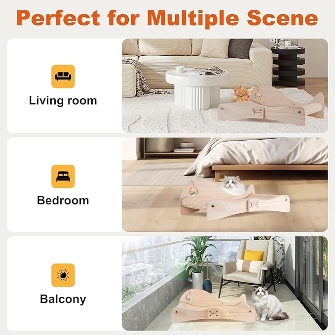 Extra Large 3-in-1 Cat Scratcher Bed with Toy Balls: Natural Sisal Scratching Pad, Cat Lounge Hammock Bed for Large Cats Non-Tip Wood Base Multi-Cat Scratching Board & Scratching Couch Fish Design
