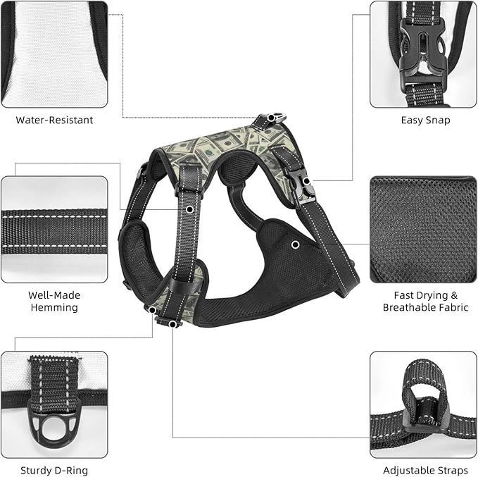 No Pull Dog Harness for X-Large Dogs Easy Walk Dog Vest Adjustable Collars Harnesses & Leashes Set Breathable Oxford Outdoor Walking Safety Reflective Strip Dollar Cash Prints