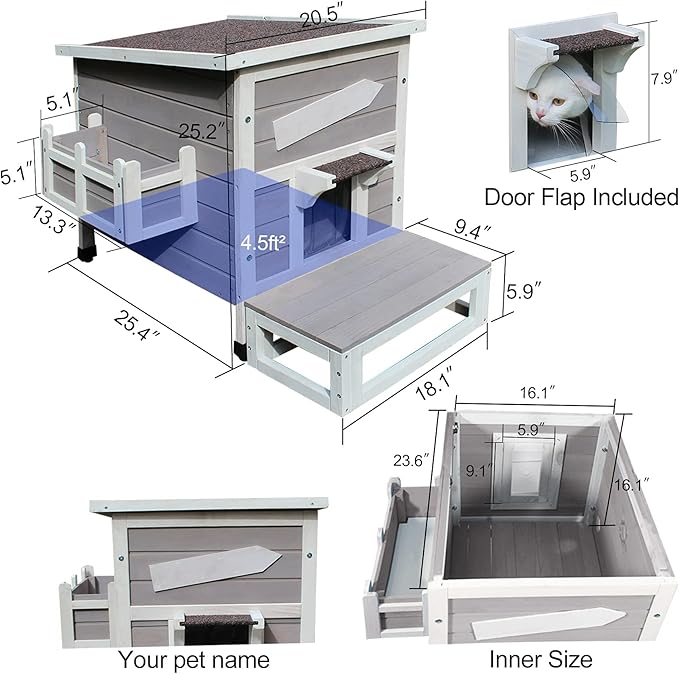 Rockever Outdoor Cat House, Large Outdoor Houses for Feral Cats Wooden Outside Cat Shelter Weatherproof with Escape Door