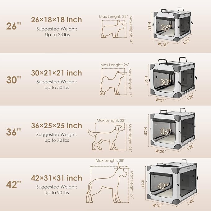 EHEYCIGA Collapsible Dog Crate 36 Inches, Portable Travel Crate for Large Dogs, Soft Foldable Pet Kennel with 4-Door Mesh Windows Indoor & Outdoor, Grey
