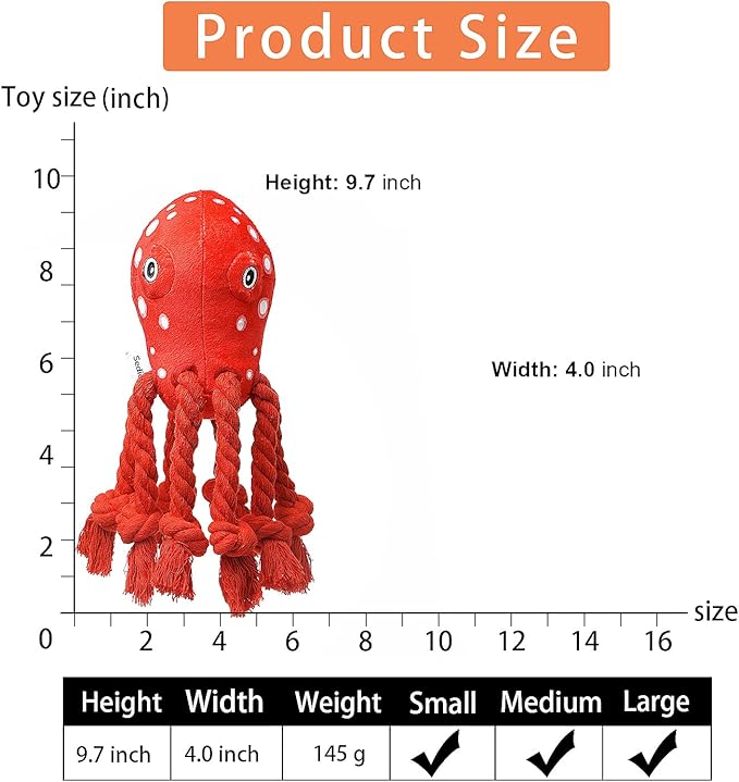 Dog Toys, Dog Plush Toy for Large Breed, Cute Squeaky Dog Toys with Rope Legs, Stuffed Animal Dog Chew Toys for Puppy, Small, Middle, Big Dogs (Red(Octopus))