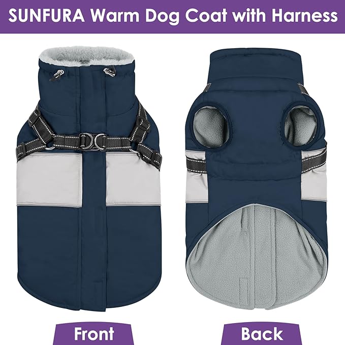 SUNFURA Dog Jacket, Large Dog Coat with Harness Built in, Warm Pet Winter Jacket Zippered Snow Coat with Furry Collar, Waterproof Fleece Snowsuit for French Bulldog, Navy Blue L