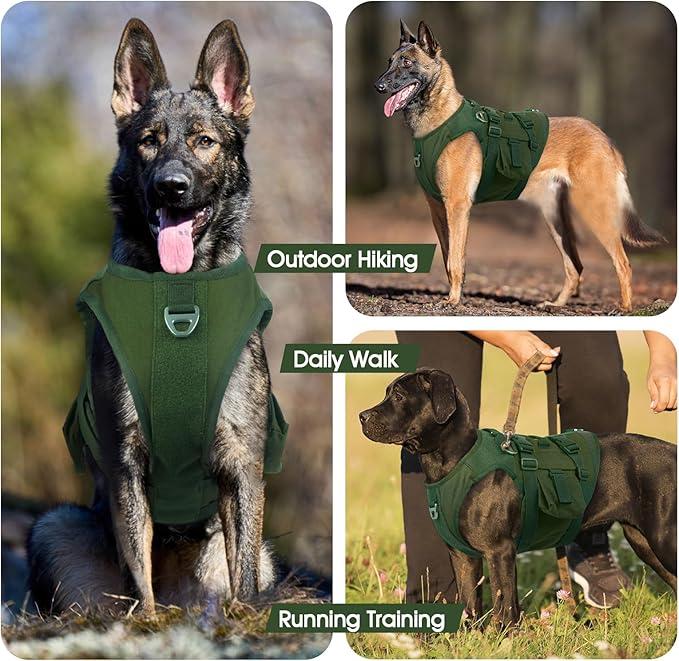 DORA BRIDAL Tactical Dog Harness, Service Dog Molle Vest with Handle, Military Dog Harness with Hook & Loop Panels, Heavy Duty No Pull Adjustable Dog Vest for Training, Walking, Hiking, Green M