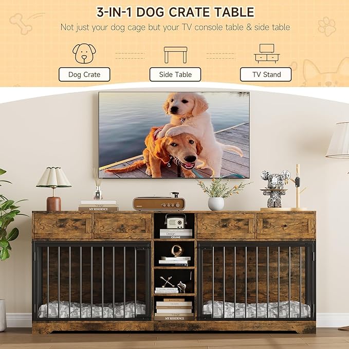 82??Double Dog Crate Furniture, Large Dog Kennel Indoor for 2 Dogs, Heavy Duty Wooden Dog Crate TV Stand with 4 Drawers and Shelves, Brown