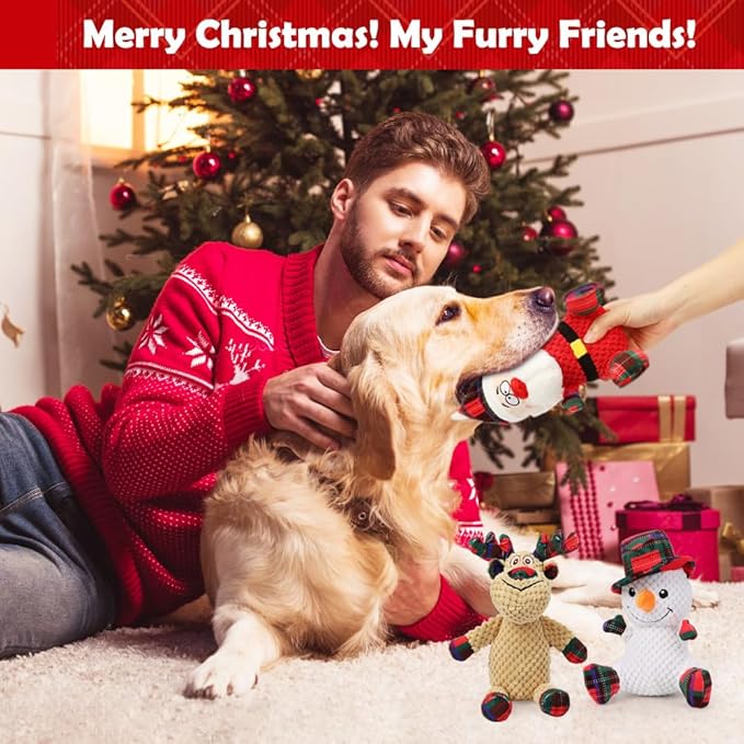 SZEE Christmas Dog Toys, 3 Pack Plush Squeaky Chew Toys for Medium & Big Dogs, Funny Dog Idea, Interactive Pet Playthings for Mental Stimulation - Santa, Reindeer, Snowman