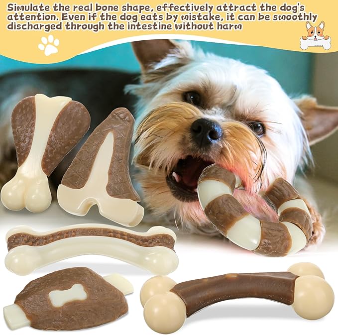 Libima 6 Pieces Chew Toys for Aggressive Chewers, Real Beef Flavor Dog Teething Chew Bones for Breed Puppies Pet Toy with Durable Nylon(Cute,Small and Medium)