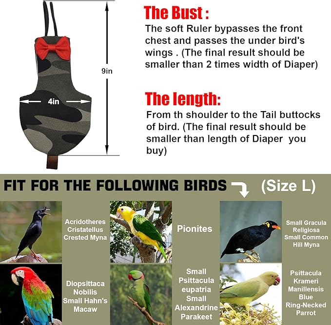 Bird Diaper Washable Reusable Parrot Flight Suit Nappies Protective Breathable Parrot Nappy Clothes for Parakeet, Macaw, Budgie, Canary, Cockatiel (Camouflage, Large)