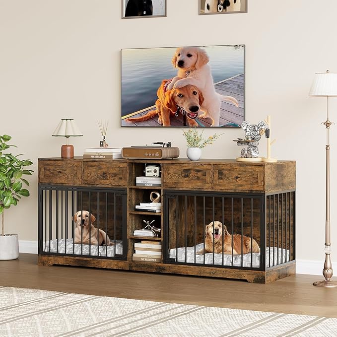82??Double Dog Crate Furniture, Large Dog Kennel Indoor for 2 Dogs, Heavy Duty Wooden Dog Crate TV Stand with 4 Drawers and Shelves, Brown