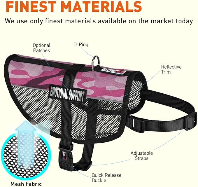 Dogline MaxAire Vest Emotional Support Removable Patch Adjustable Harness Reflective for Puppies Small Medium and Large Dogs 17 by 21 Inch Girth Pink Camo