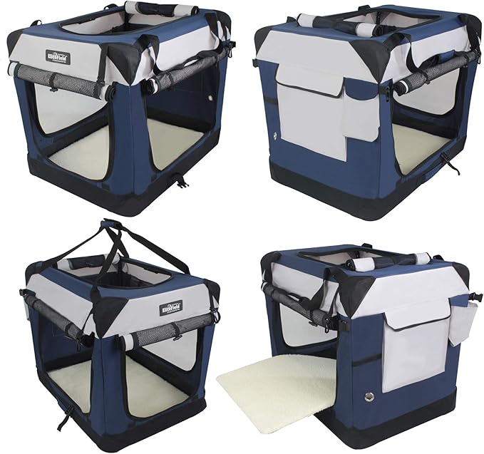 EliteField 4-Door Folding Soft Dog Crate with Curtains, Carrying Bag and Fleece Bed (2 Year Warranty), Indoor & Outdoor Pet Home (24" L x 18" W x 21" H, Navy Blue+Gray)