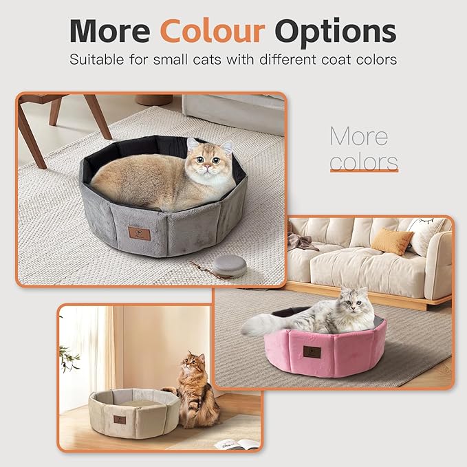 PJYuCien Cat Bed Kitten Bed, Washable Round Cat Beds for Indoor Cats, Super Soft Faux Rabbit Fur Small Bed for Puppy and Kitten, Fluffy Inner Mat Filling Memory Foam with Anti-Slip Bottom (Khaki)