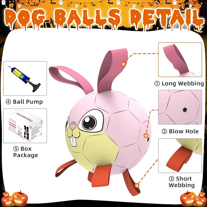 QDAN Rabbit Dog Toys Soccer Ball with Straps, Dog Toys for Medium Small Dogs, Easter Day (6 Inch)