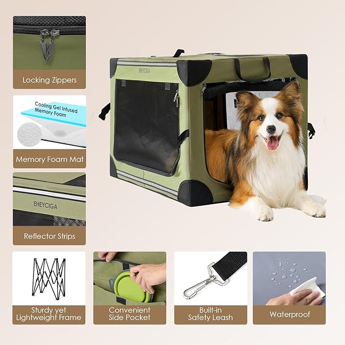EHEYCIGA Collapsible Dog Crate 30 Inches, Portable Travel Crate for Medium Dogs, Soft Foldable Pet Kennel with 4-Door Mesh Windows Indoor & Outdoor, Green
