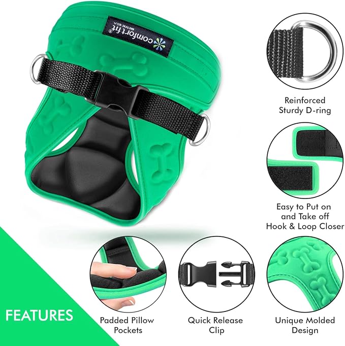 Comfort fit Cold Weather Dog Harness - Adjustable Dog Harness Small Sized Dog Medium Sized Dogs - Ideal as Easy Walk Dog Vest Harnesses (Green, Chest Size 12" - 14")