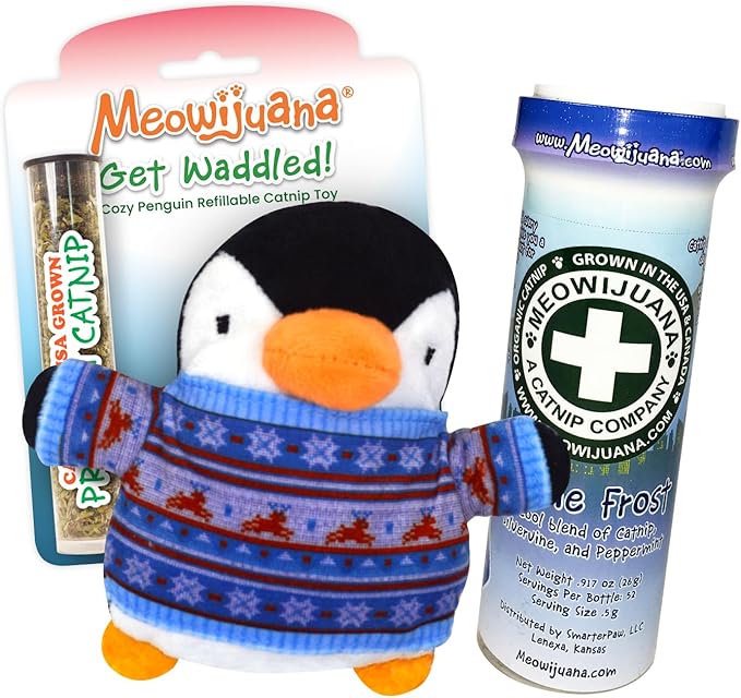 Meowijuana Get Waddled Bundle | Penguin Refillable Toy and Feline Frost Blend | Promotes Play and Cat Health | Includes North American Organic Catnip
