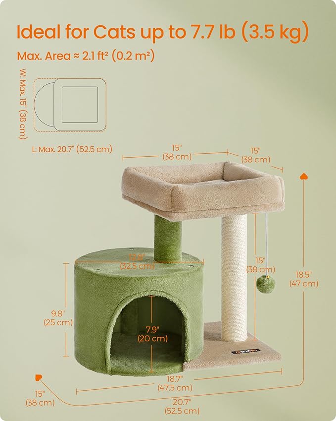 Feandrea Cat Tree Tower with Sisal Scratching Post, Cat Condo with Padded Perch, for Small Spaces, Kittens, Grass Green and Camel Brown UPCT050C01