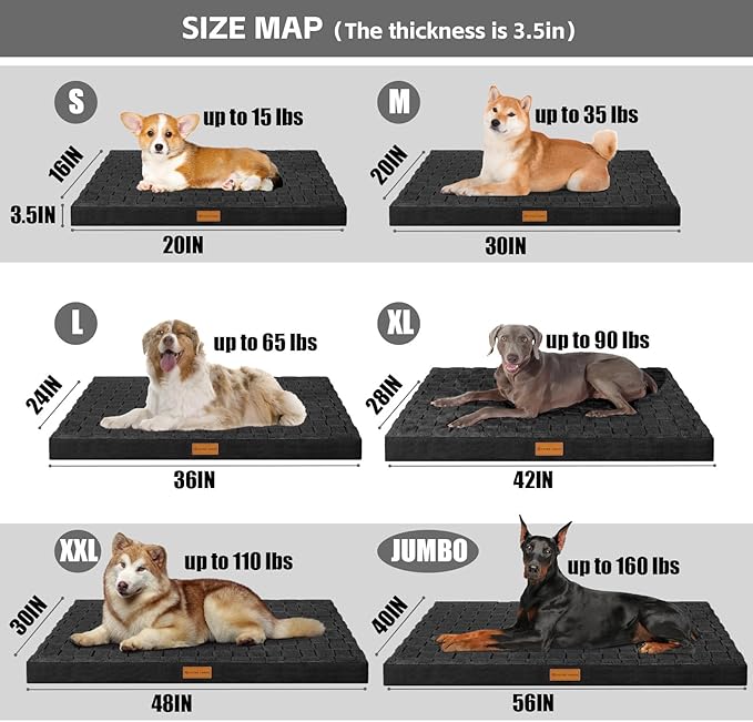 Patas Lague Orthopedic XL Dog Bed Large Sized Dog 42''X28'', Waterproof Soft Comfortable Egg Crate Foam Large Pet Beds Crate Mat with Removable Washable Cover and Nonskid Bottom, Black