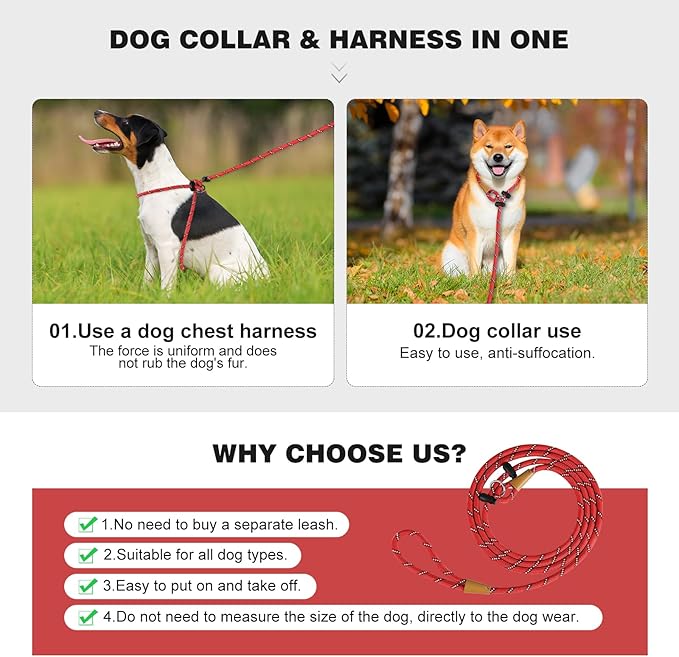 Lynxking No Pull Rope Dog Harness No Pull Reflective Leash Harness Collar 3 in 1 Dog Halter Harnesses Adjustable for Large Giant Dog (Red, Small 3/8 inch)